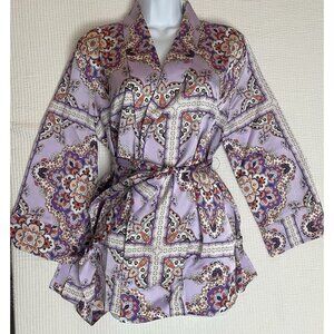 Ann Taylor Silky Kimono Tie Waist Blouse Purple With Abstract Floral Pattern M